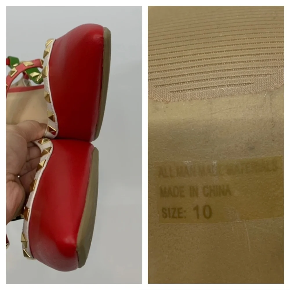 Wild Diva Lounge Red Pink Green White Colorblock Gold Studded T-Strap High Heels